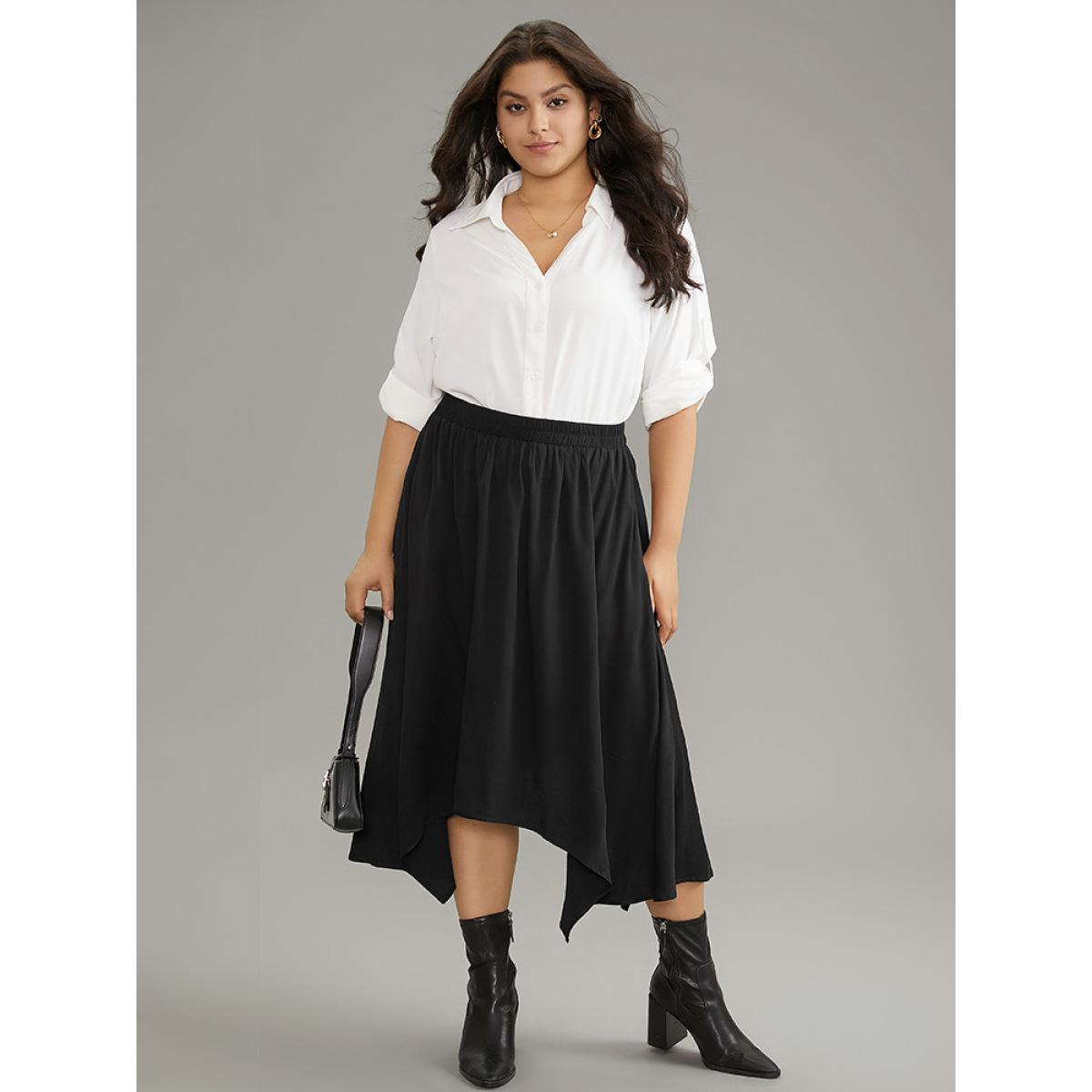 Plus Size Solid Rayon Elastic Waist Pocket Hanky Hem Skirt Women Black Office Plain No stretch Pocket Work Skirts BloomChic 10/M Product Image