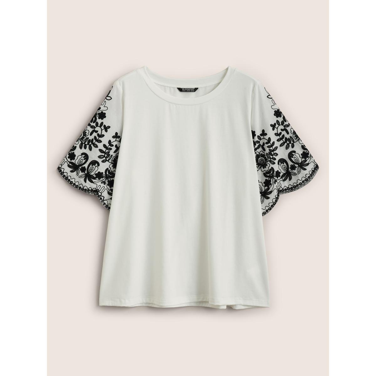 Plus Size Round Neck Floral Embroidered Scalloped Trim T-shirt White Women Resort Contrast Round Neck Vacation T-shirts BloomChic 22-24/3X Product Image