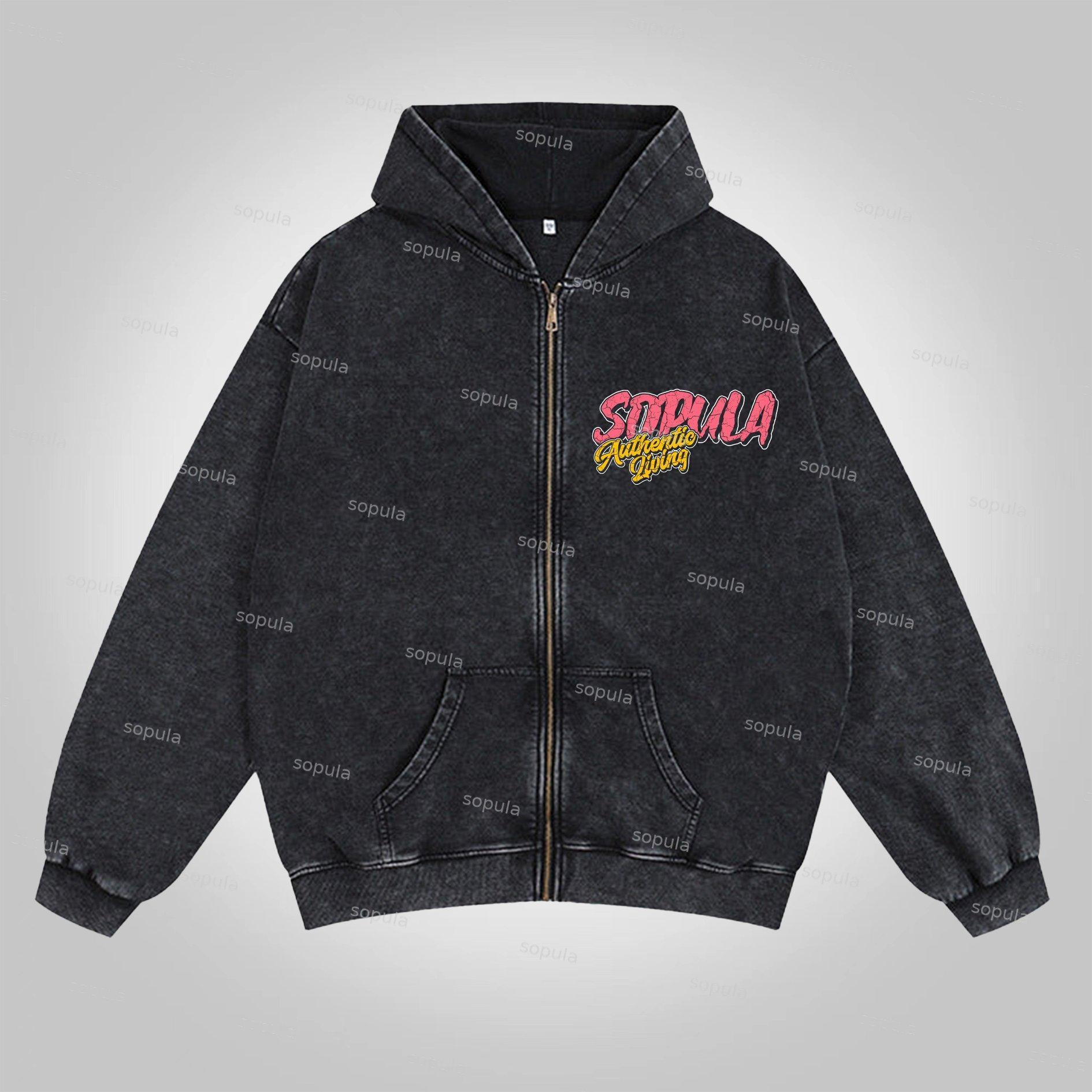 Sopula Faith Over Fear Print Acid Washed Zip-Up Hoodie Product Image