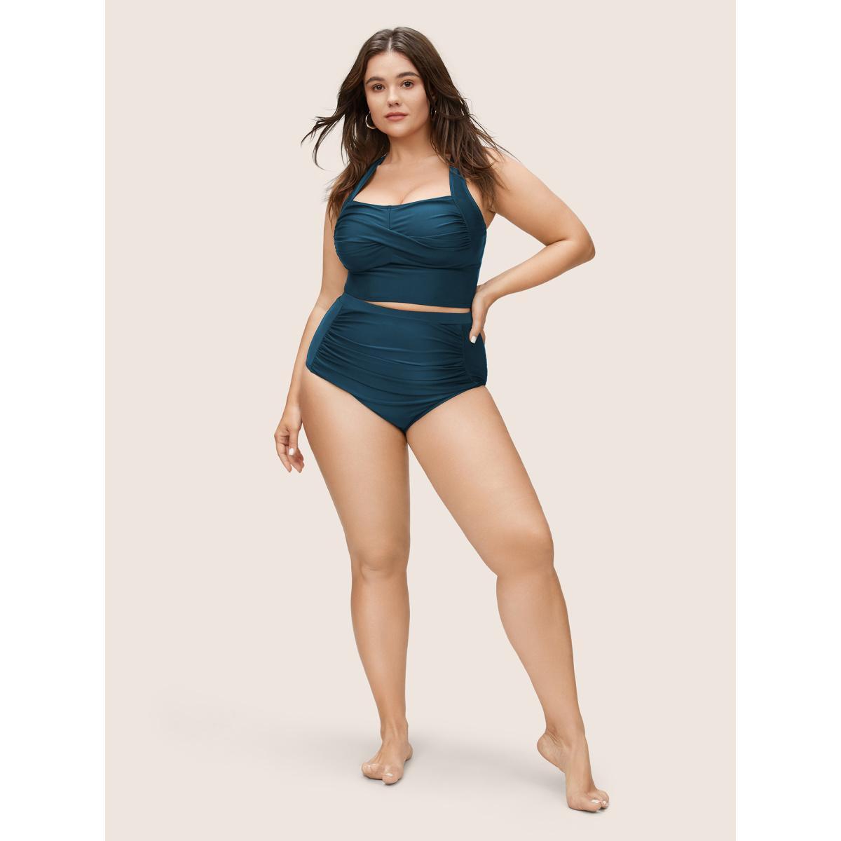 Plus Size Solid Crossover Square Neck Adjustable Straps Swim Top Women's Swimwear Cyan Beach Twist High stretch Skinny Square Neck Curve Swim Tops BloomChic 18-20/2X Product Image