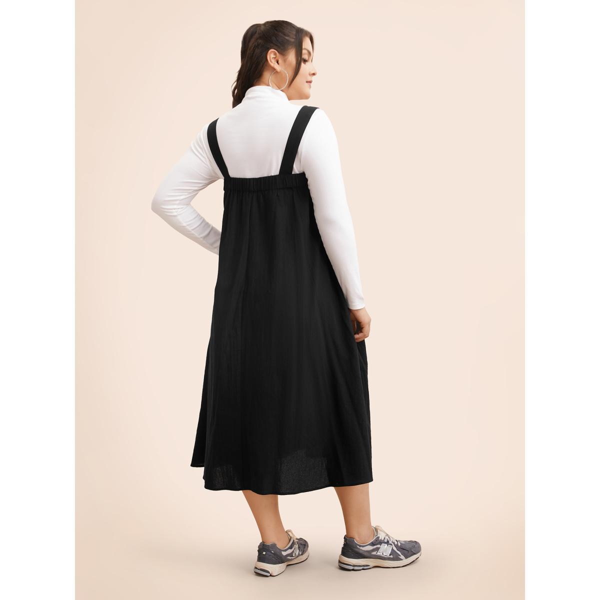 Plus Size Solid Gathered Adjustable Straps Overall Dress Black Women Casual Non Non Sleeveless Curvy BloomChic 14-16/1X Product Image