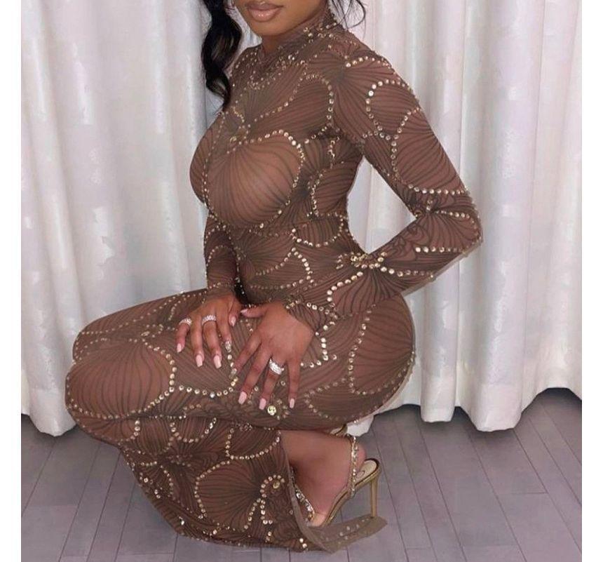 Long-Sleeve High Neck Sequined Floral Midi Mesh Bodycon Dress Product Image