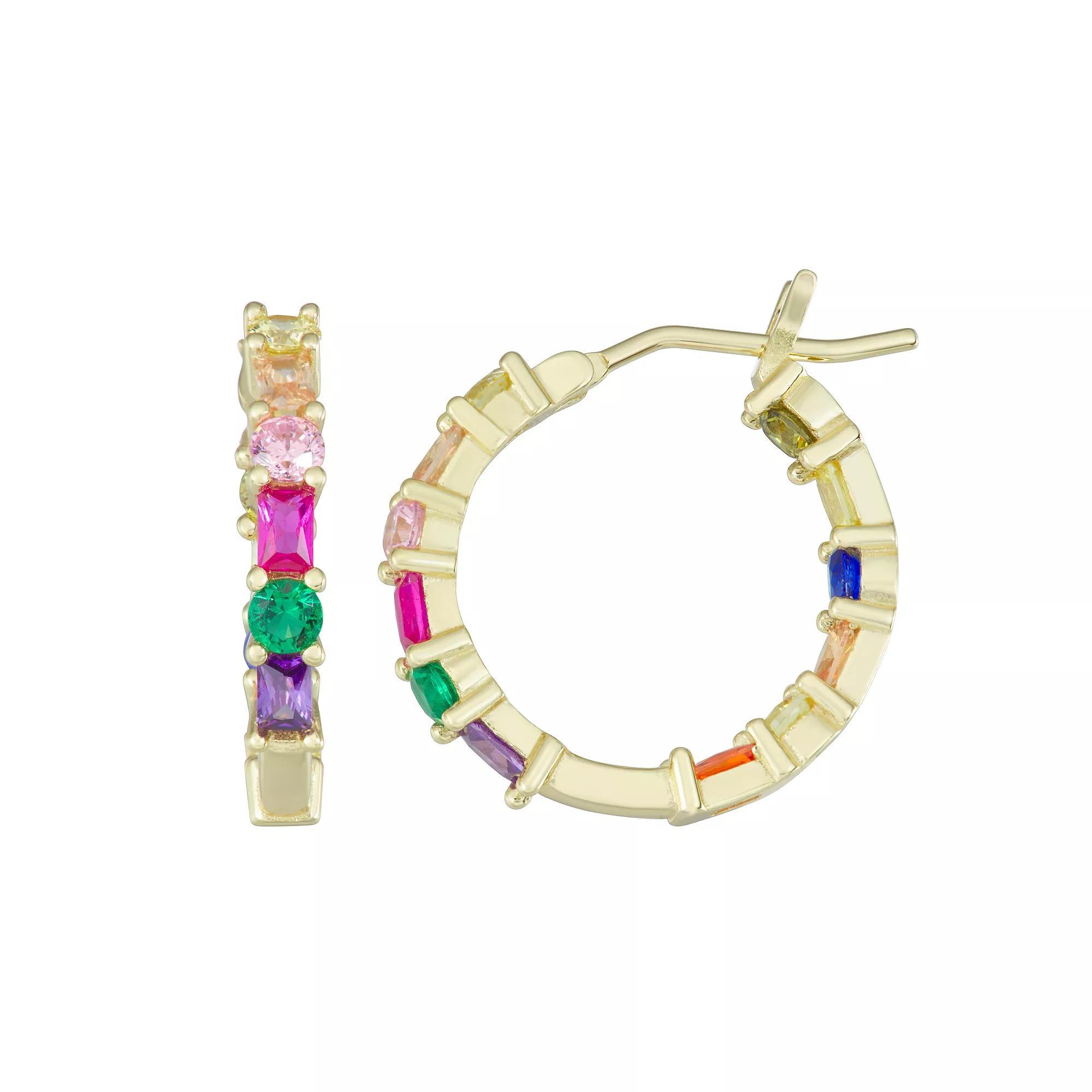 18k Gold Over Sterling Silver Multi-Color Cubic Zirconia Hoop Earrings, Women's, Gold Tone Product Image