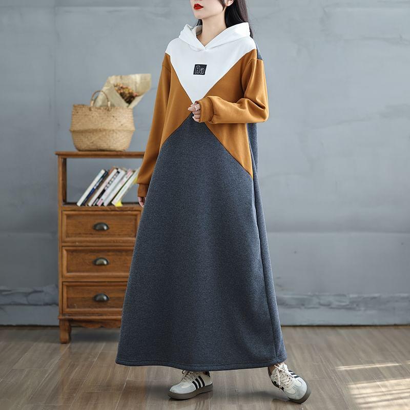 Color Block Lettering Applique Maxi Hoodie Dress Product Image