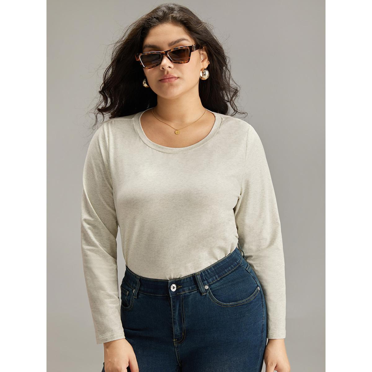 Plus Size Cotton Heather Long Sleeve T-shirt LightGray Women Casual Plain Plain Round Neck Dailywear T-shirts BloomChic 12/L Product Image