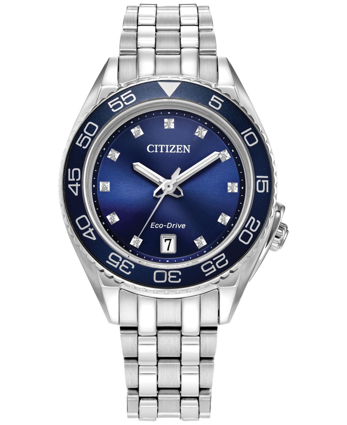 Citizen Womens Eco-Drive Carson Stainless Steel Diamond Accent Blue Dial Bracelet Watch Silver Product Image