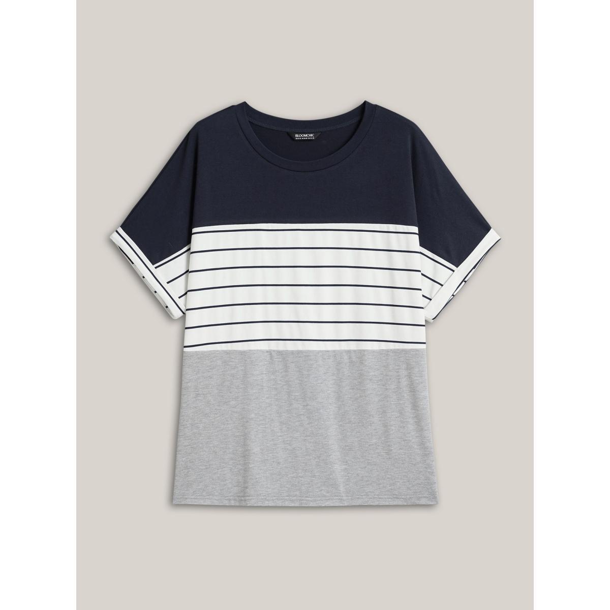 Plus Size Color-Block Stretchy Stripes T-Shirt DarkBlue Women Casual Contrast Round Neck Everyday T-shirts BloomChic 22-24/3X Product Image