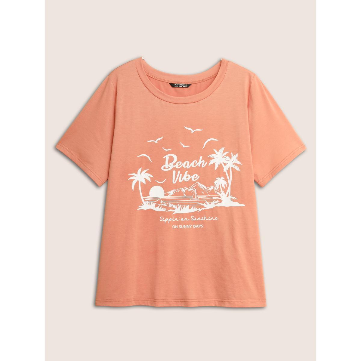 Plus Size Tropical Coconut Tree Print Round Neck T-shirt Salmon Women Resort Contrast Art&design Round Neck Vacation T-shirts BloomChic 14-16/1X Product Image