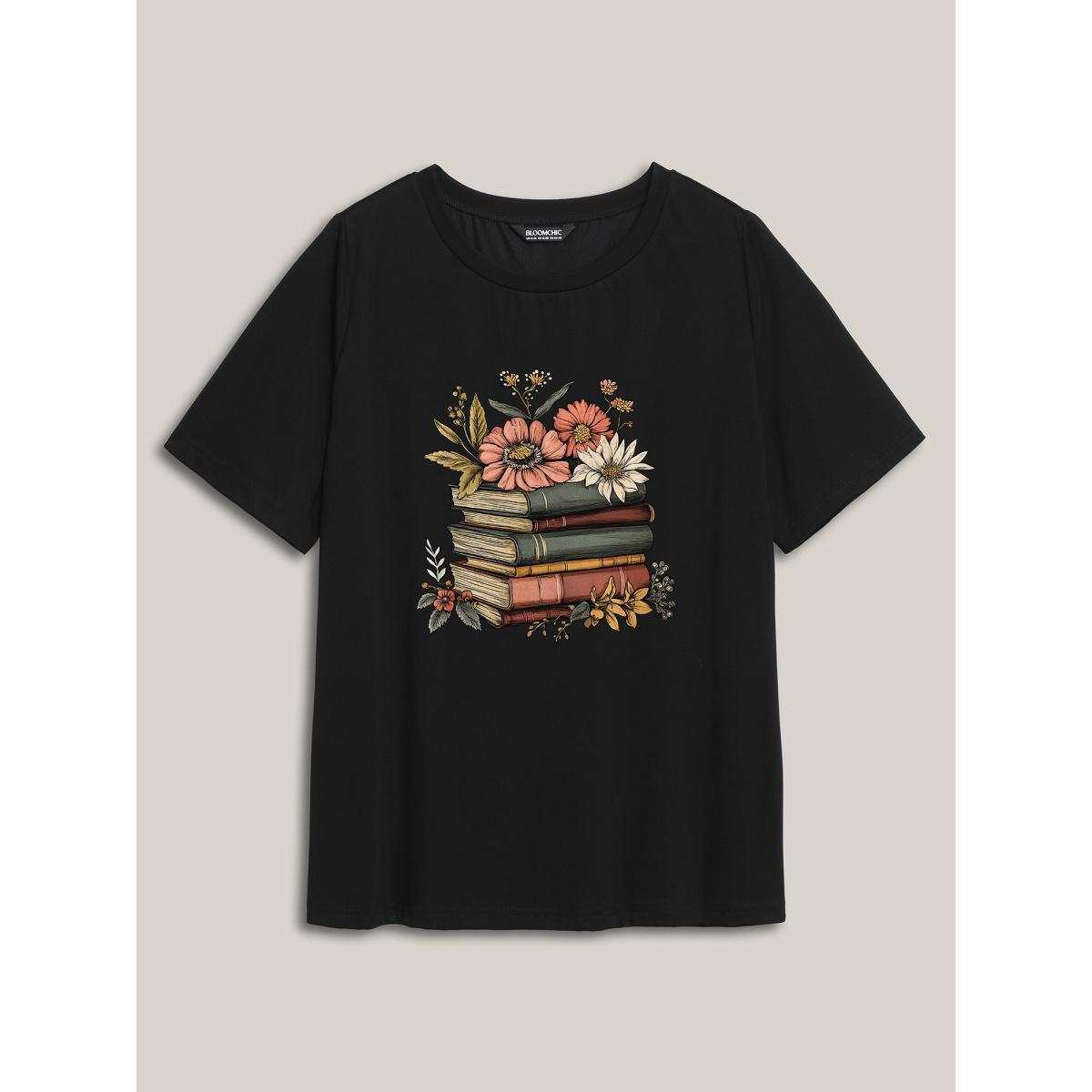 Plus Size Bookish Florals Print Round Neck T-Shirt Black Women Non Natural Flowers Round Neck Everyday-Casual T-shirts BloomChic 30/6X Product Image