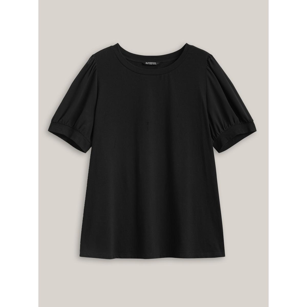 Plus Size Solid Chiffon Patchwork Puff Sleeve T-shirt Black Women Workwear Essentials Patchwork Round Neck Work T-shirts BloomChic 18-20/2X Product Image