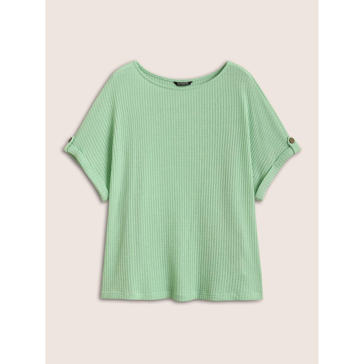 Plus Size Plain Waffle Knit Button Cuff Sleeve T-shirt LightGreen Women Casual Texture Boat Neck Everyday T-shirts BloomChic 30/6X Product Image