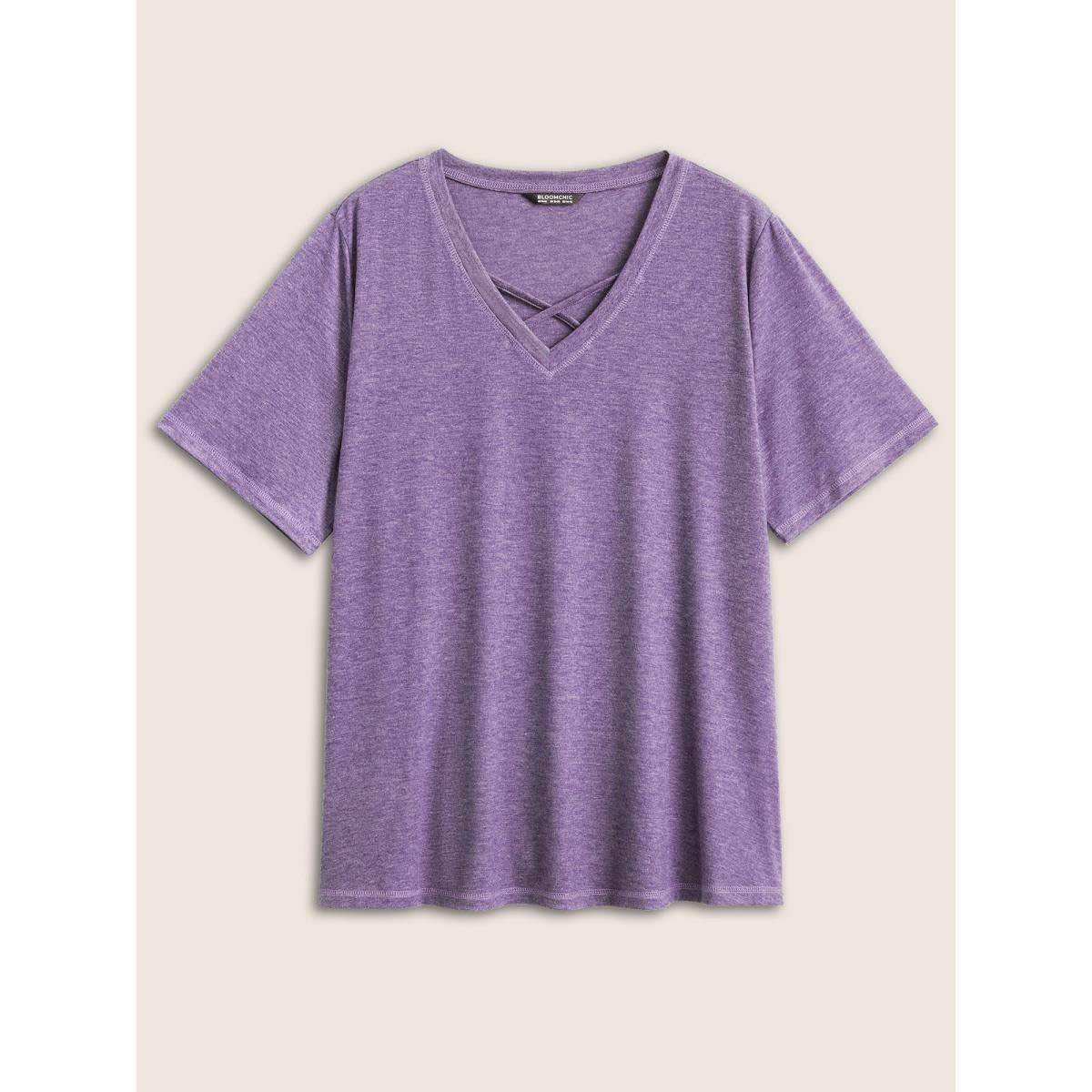 Plus Size Solid Crisscross Neck Contrast Stitch T-shirt Mauve Women Casual Plain V-neck Everyday T-shirts BloomChic 22-24/3X Product Image