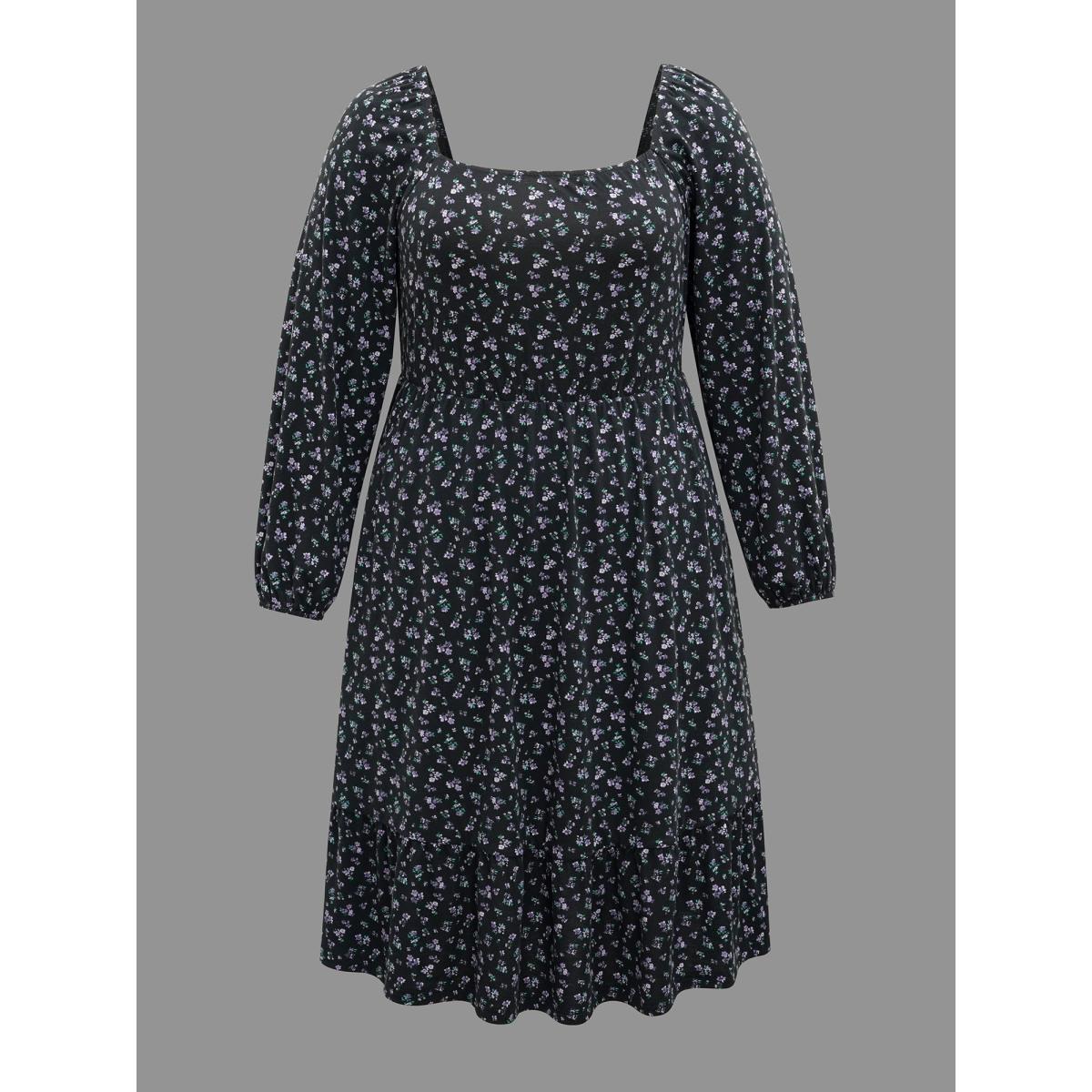 Plus Size Square Neck Ditsy Floral Elastic Waist Dress BlackFlower Women Elegant Non Knit Dresses Bloomchic 30/6X Product Image