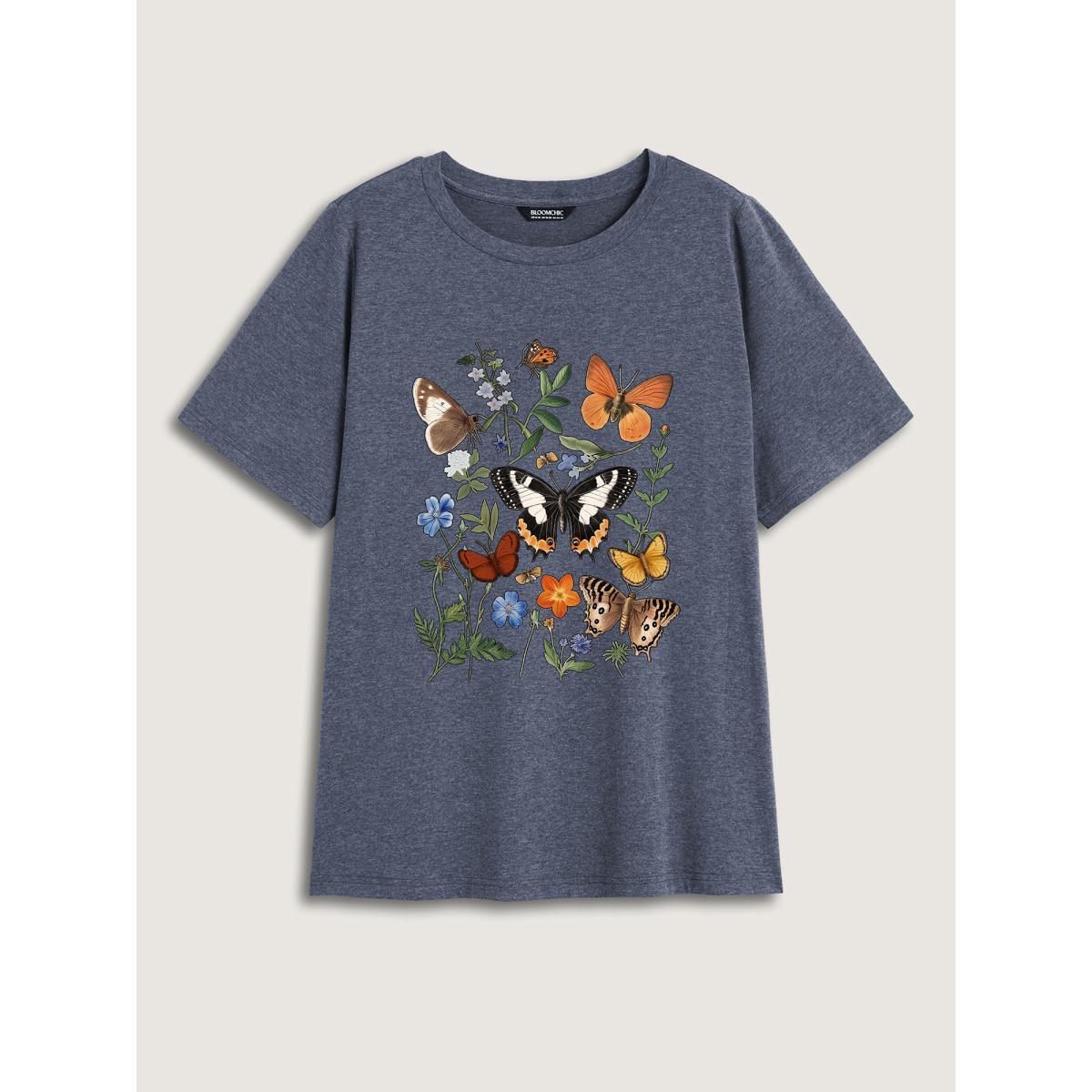 Plus Size Boho Floral Motif Round Neck T-Shirt Indigo Women Non Natural Flowers Round Neck Everyday-Casual T-shirts BloomChic 30/6X Product Image
