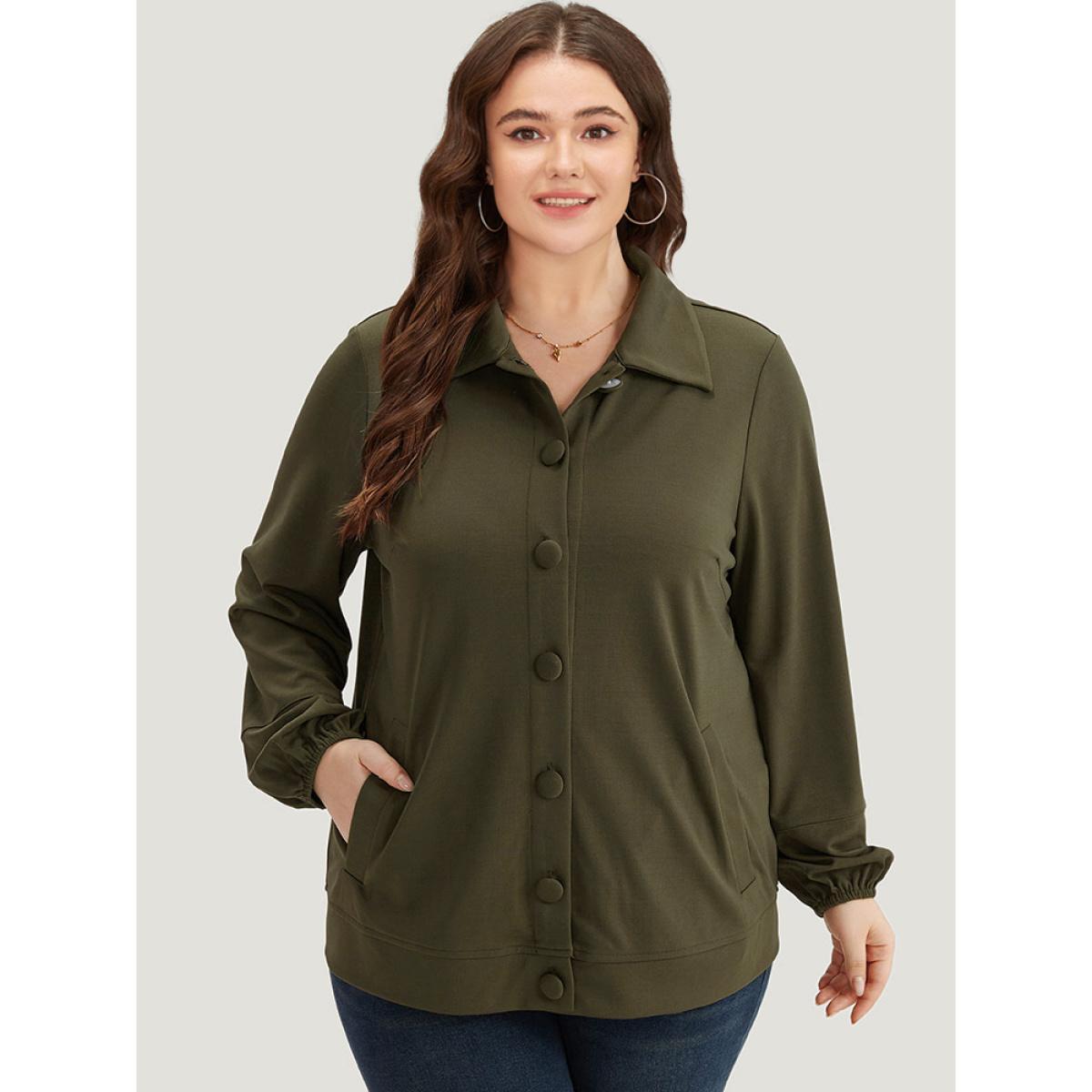 Plus Size Plain Slant Pocket Button Up Elastic Cuffs Jacket Women ArmyGreen Elastic cuffs Pocket Everyday Jackets BloomChic 12/L Product Image