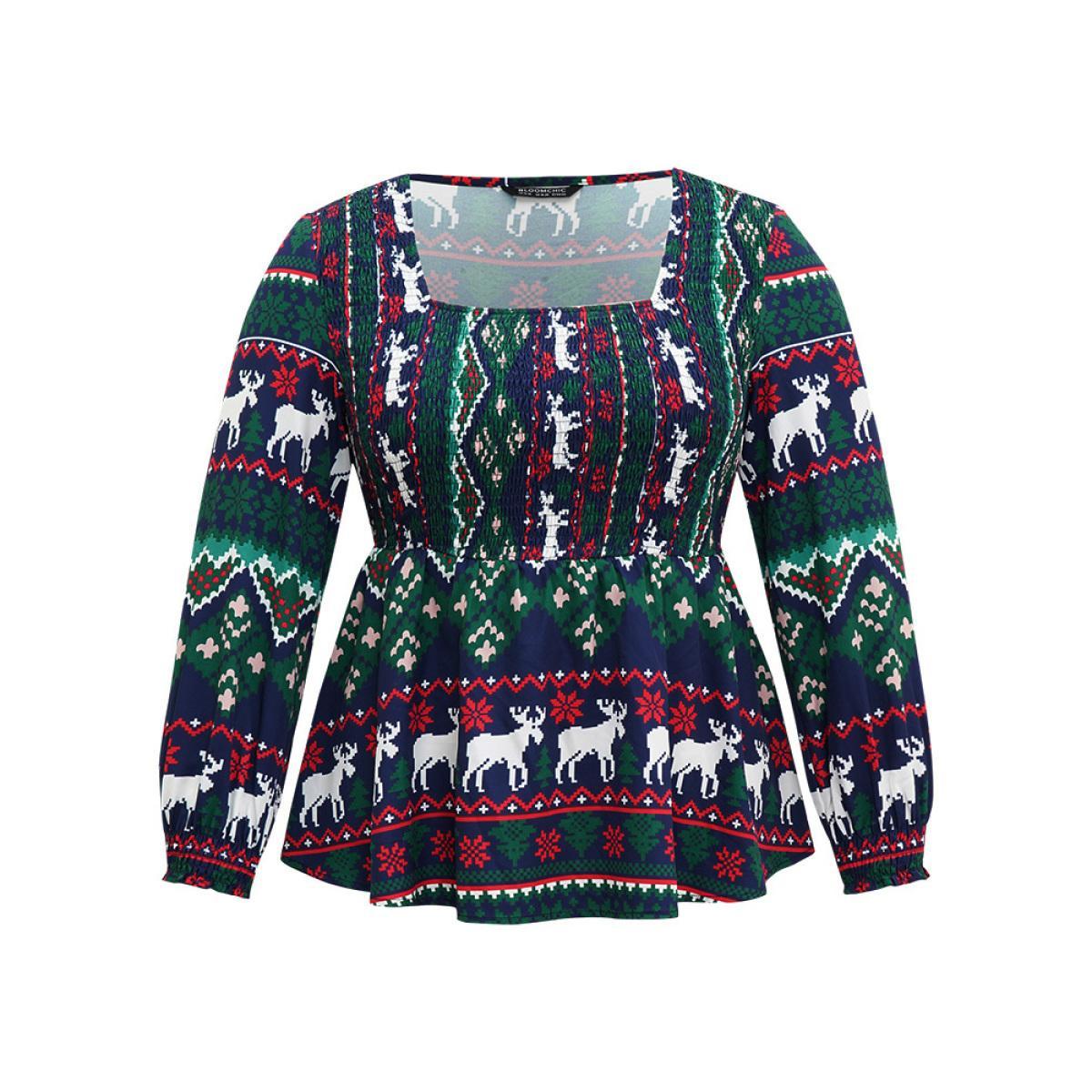 Plus Size Green Christmas Elk Shirred Square Neck Blouse Women Elegant Long Sleeve Square Neck Festival-Christmas Blouses BloomChic 26/4X Product Image