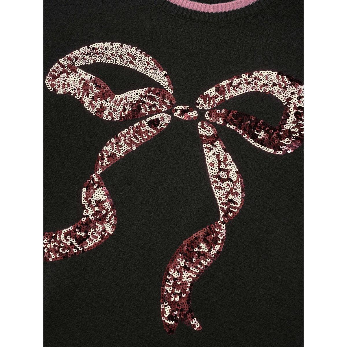 Plus Size Supersoft Essentials Sequin Embroidery Bow Detail Pullover Black Women Casual Loose Long Sleeve Round Neck Everyday Pullovers BloomChic 26/4X Product Image