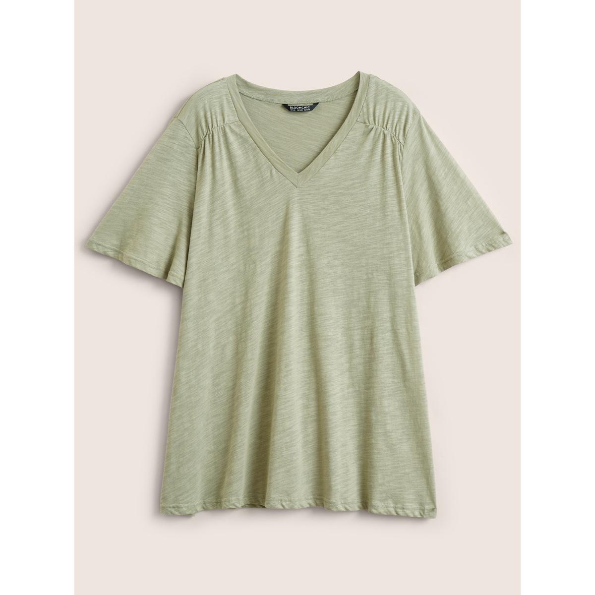 Plus Size Plain Ruffle Sleeve Heather V Neck T-shirt Sage Women Casual Plain V-neck Everyday T-shirts BloomChic 22-24/3X Product Image