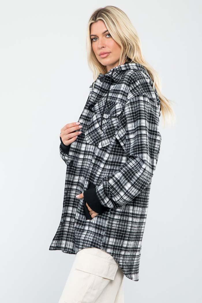 Plaid Print Wool Like Hoodie Shacket Product Image