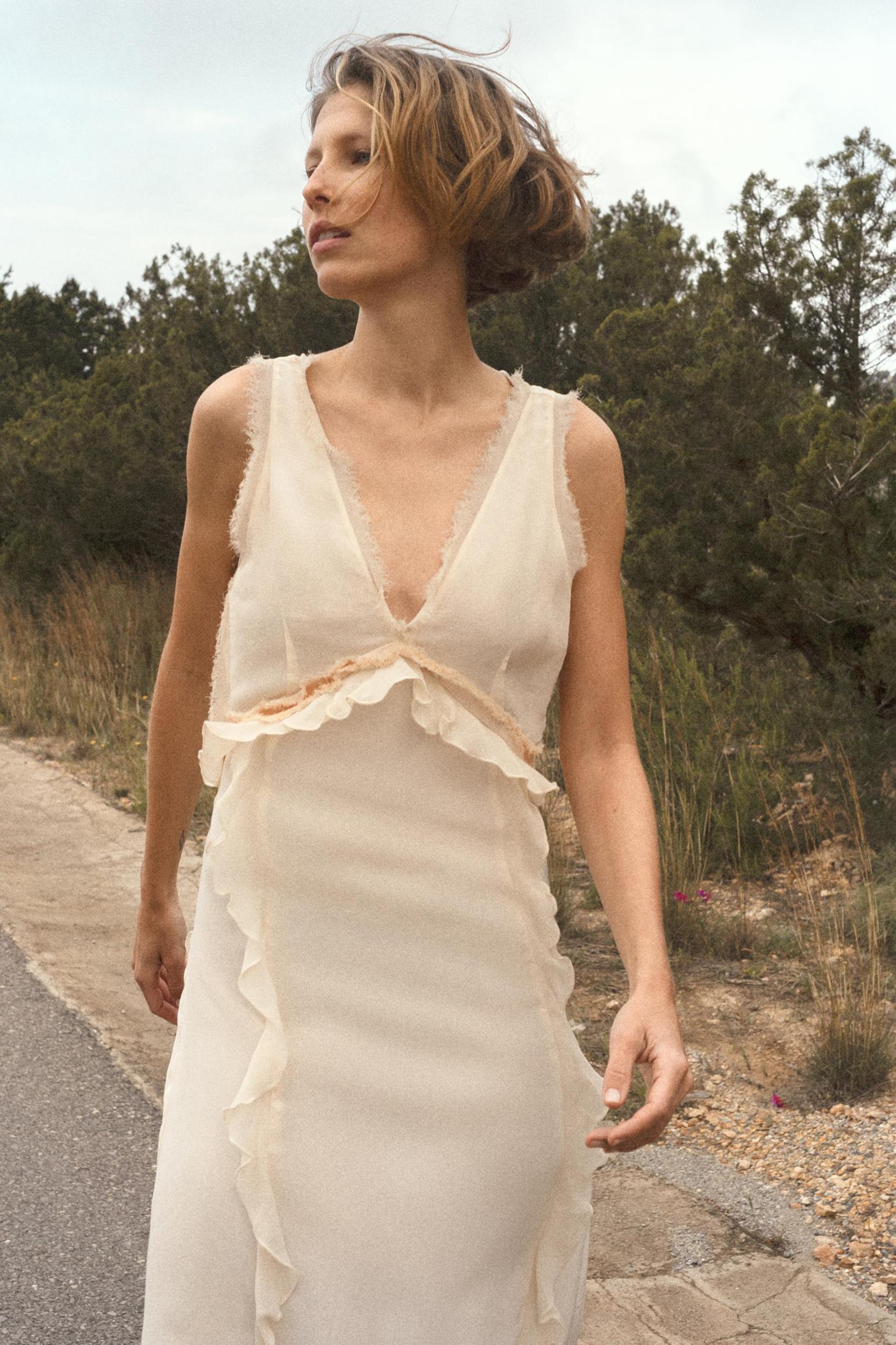 RUFFLED FRAYED MIDI DRESS Product Image