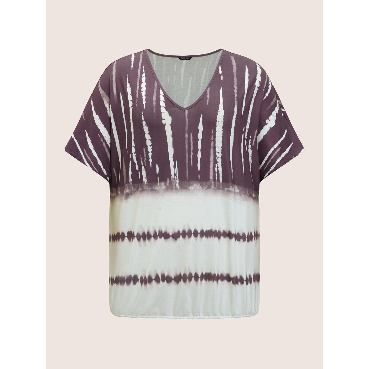 Plus Size Tie Dye Batwing Sleeve T-shirt Mauve Women Casual Tie Dye V-neck Everyday T-shirts BloomChic 18-20/2X Product Image