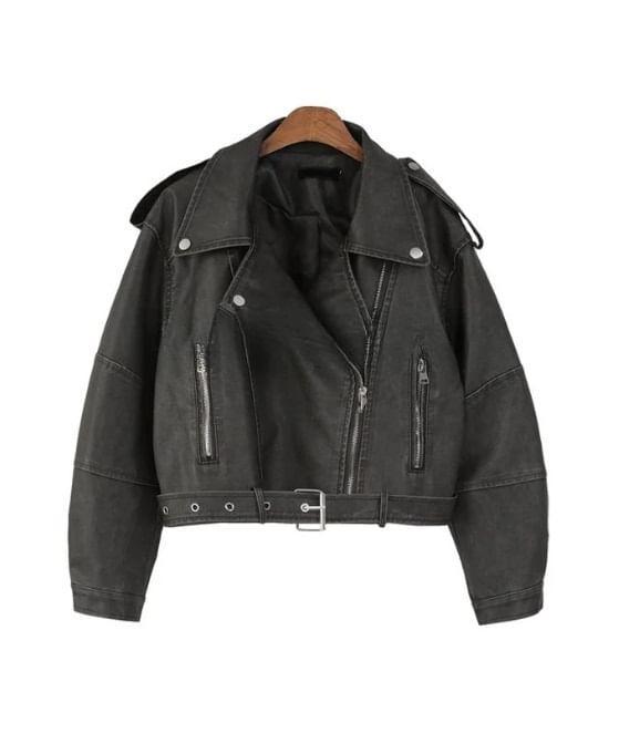 Long Sleeve Plain Faux Leather Zip-Up Jacket Product Image