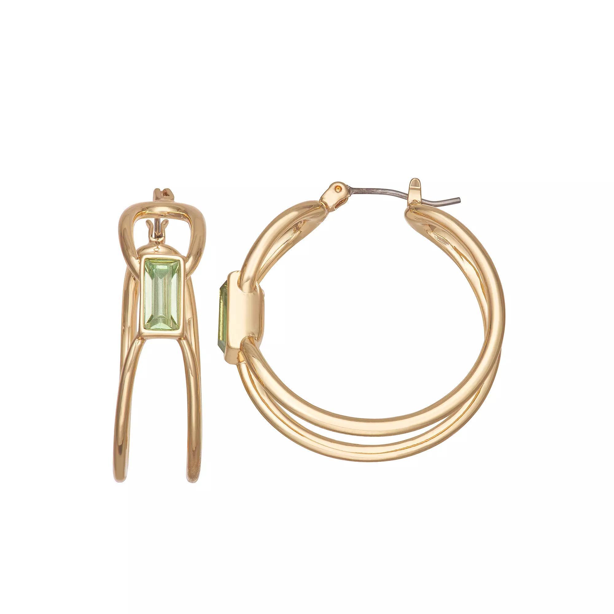 Nine West Gold Tone Green Stone Hoop Earrings, Womens Product Image