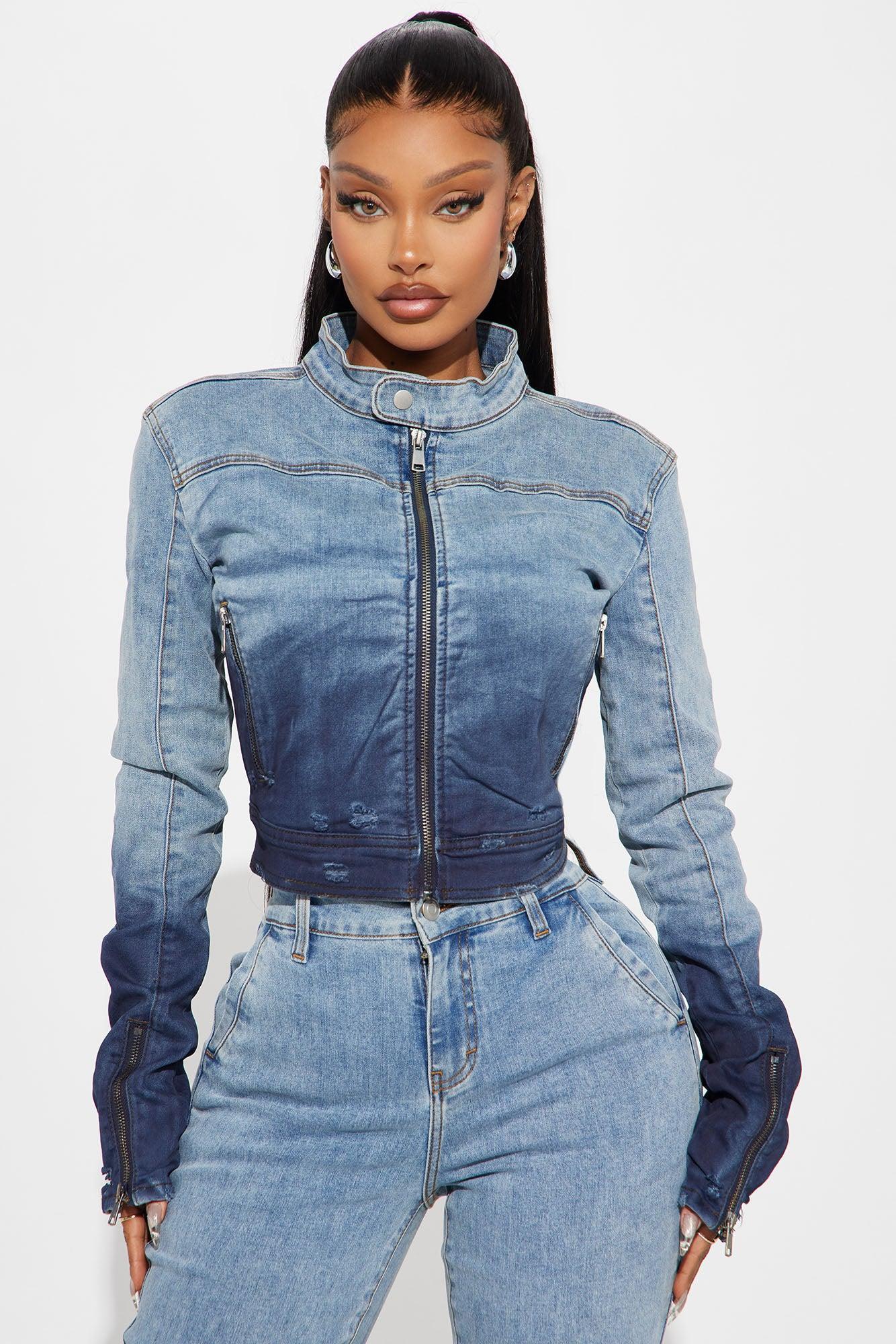Out Of Reach Ombre Moto Denim Jacket - Medium Wash Product Image