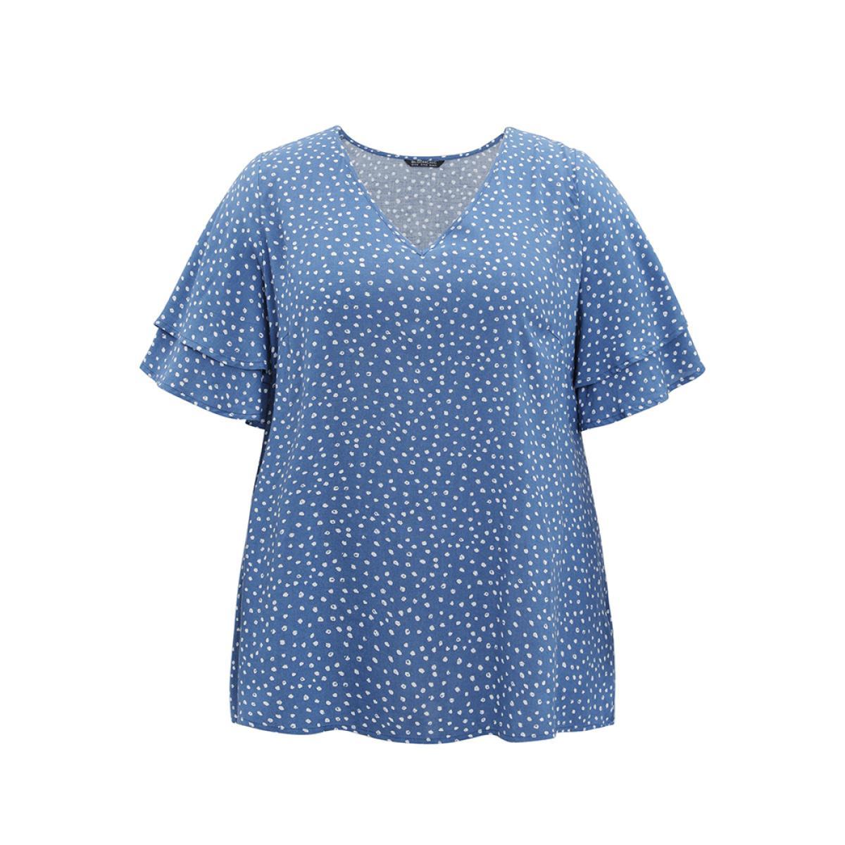 Plus Size Cerulean Polka Dot Flutter Sleeve Layered Blouse Women Elegant Half Sleeve V-neck Dailywear Blouses BloomChic 22-24/3X Product Image