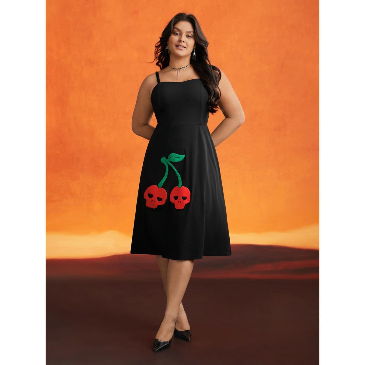 Plus Size Cherry Skull Back Adjustable Straps Midi Dress Black Women Cocktail Tie knot Party Curvy Bloomchic 28/5X Product Image