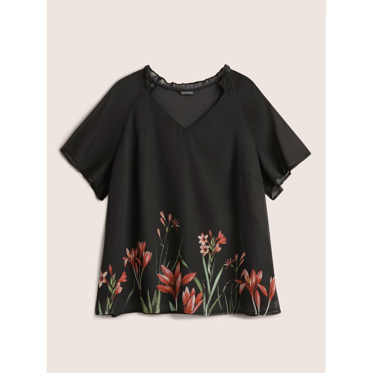 Plus Size Black Boho Print Mesh Patchwork Frill Trim Blouse Women Elegant Short sleeve V-neck Everyday Blouses BloomChic 30/6X Product Image