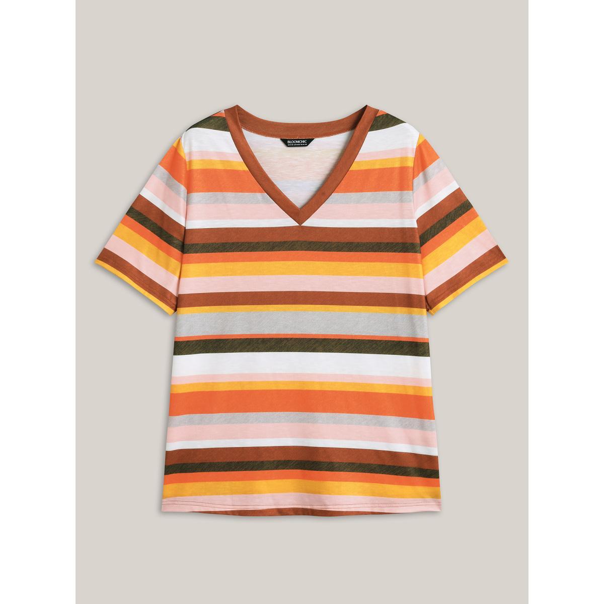 Plus Size Bamboo Stretchy Colorful Stripes T-Shirt Multicolor Women Contrast V-neck Everyday-Casual T-shirts BloomChic 22-24/3X Product Image