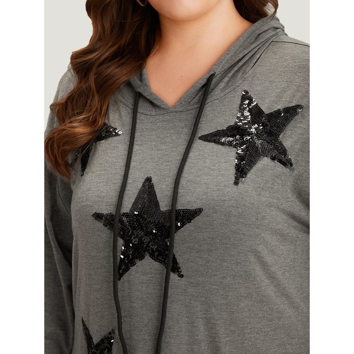 Plus Size Star Sequin Drawstring Pocket Hooded Dress DimGray Women Casual Plain Hooded Long Sleeve Curvy Midi Dress BloomChic 14-16/1X Product Image