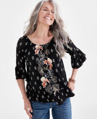 Style & Co Womens Printed 3/4-Sleeve On-Off Top, Created for Macys Product Image