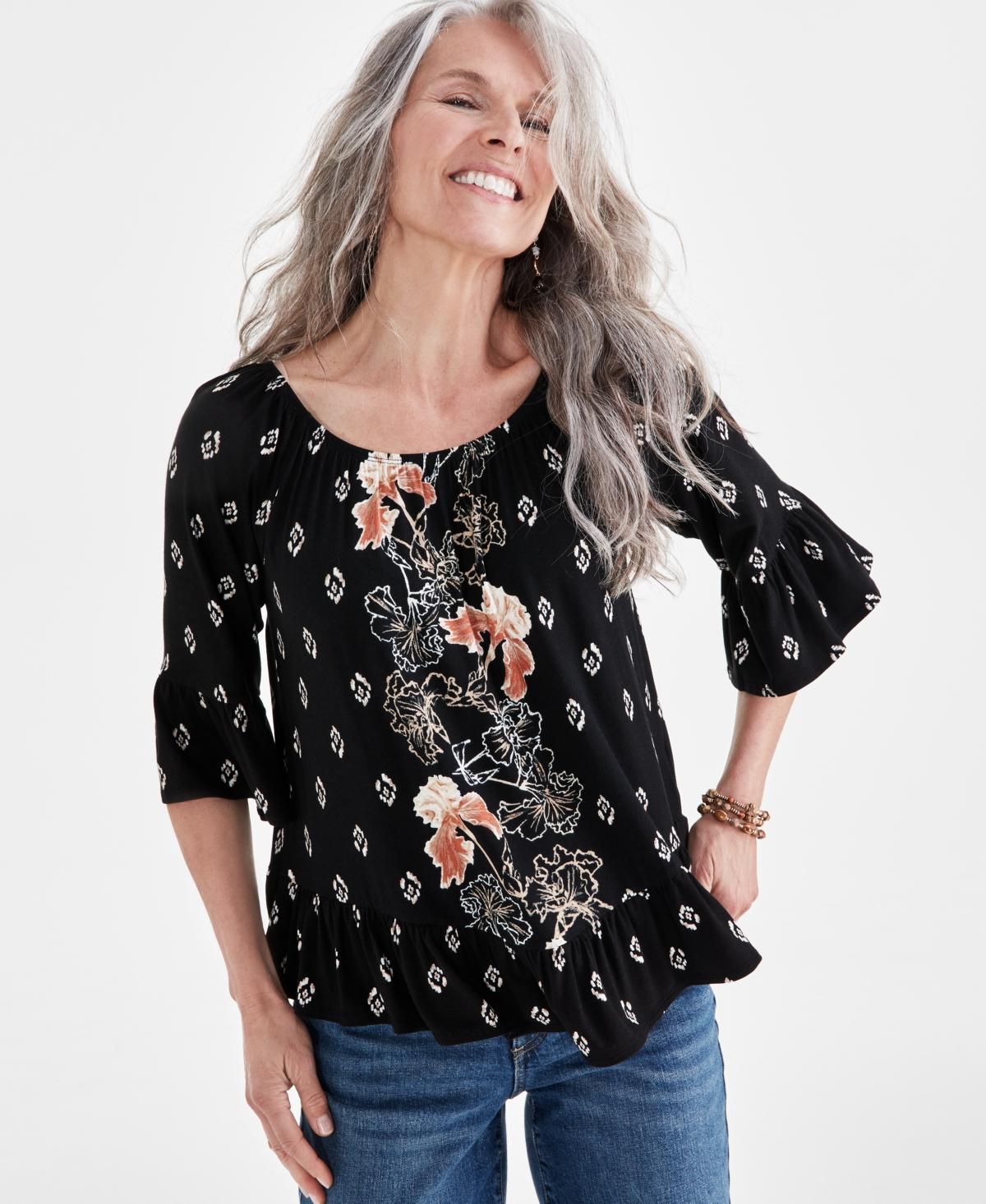 Style & Co Womens Printed 3/4-Sleeve On-Off Top, Created for Macys Product Image