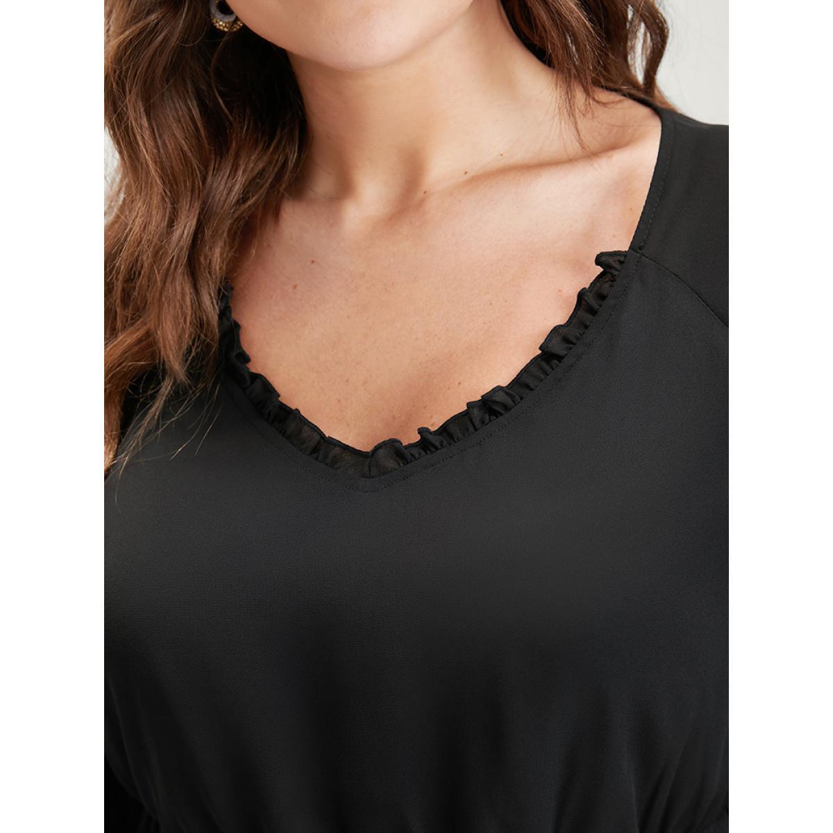 Plus Size Plain Lantern Sleeve Pocket Ruffle Trim V Neck Split Dress Black Women Elegant Elastic Waist V-neck Long Sleeve Curvy Midi Dress BloomChic 12/L Product Image
