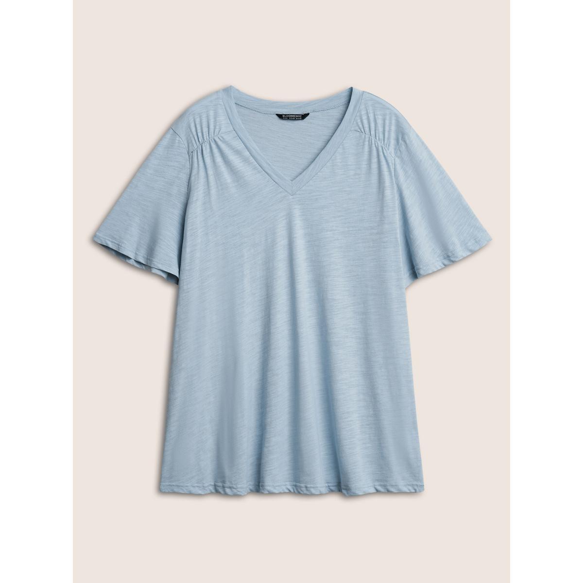 Plus Size Plain Ruffle Sleeve Heather V Neck T-shirt LightBlue Women Casual Plain V-neck Everyday T-shirts BloomChic 14-16/1X Product Image