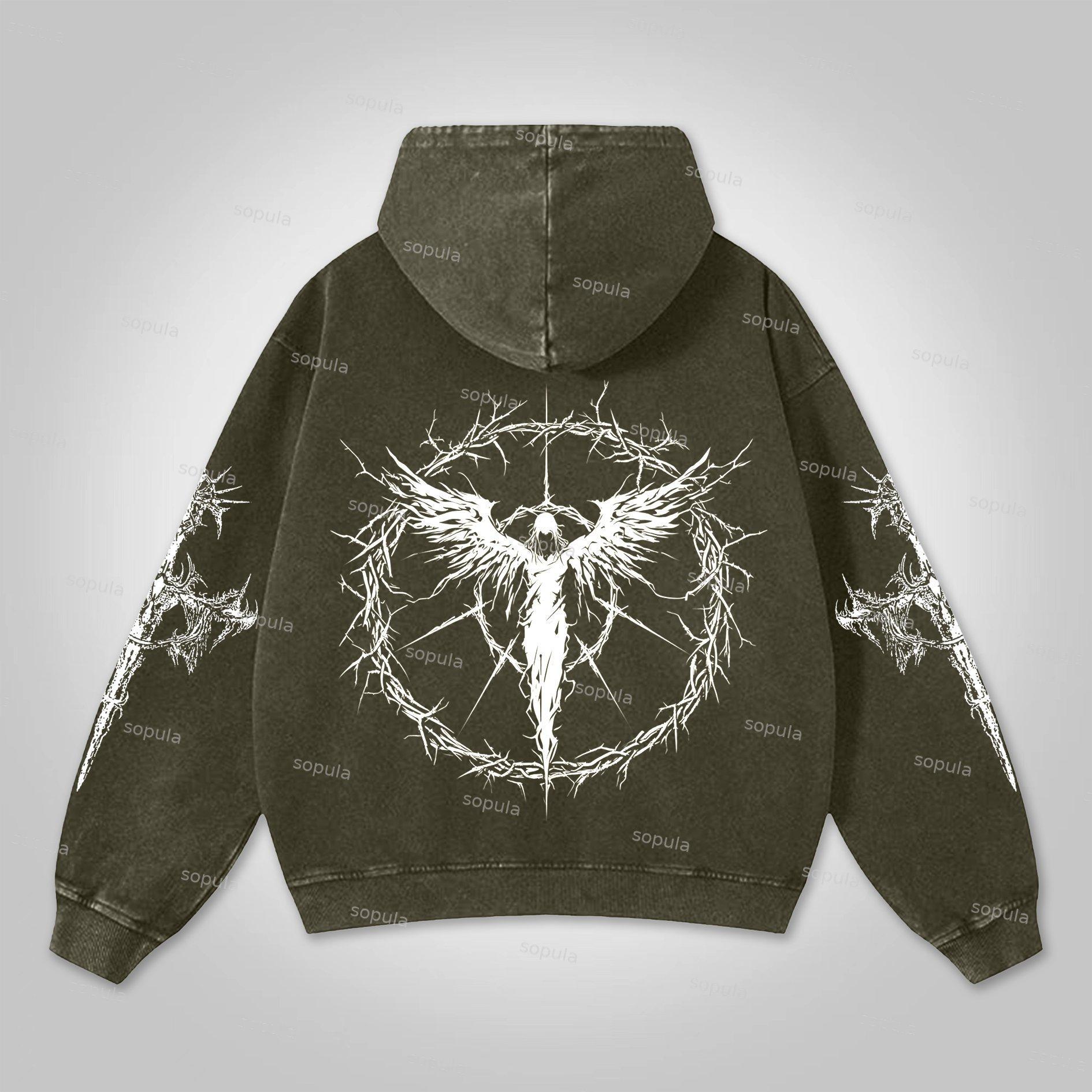 Sopula Vintage Angels Descend Cross Graphic Washed Distressed Pocket Hoodie Product Image