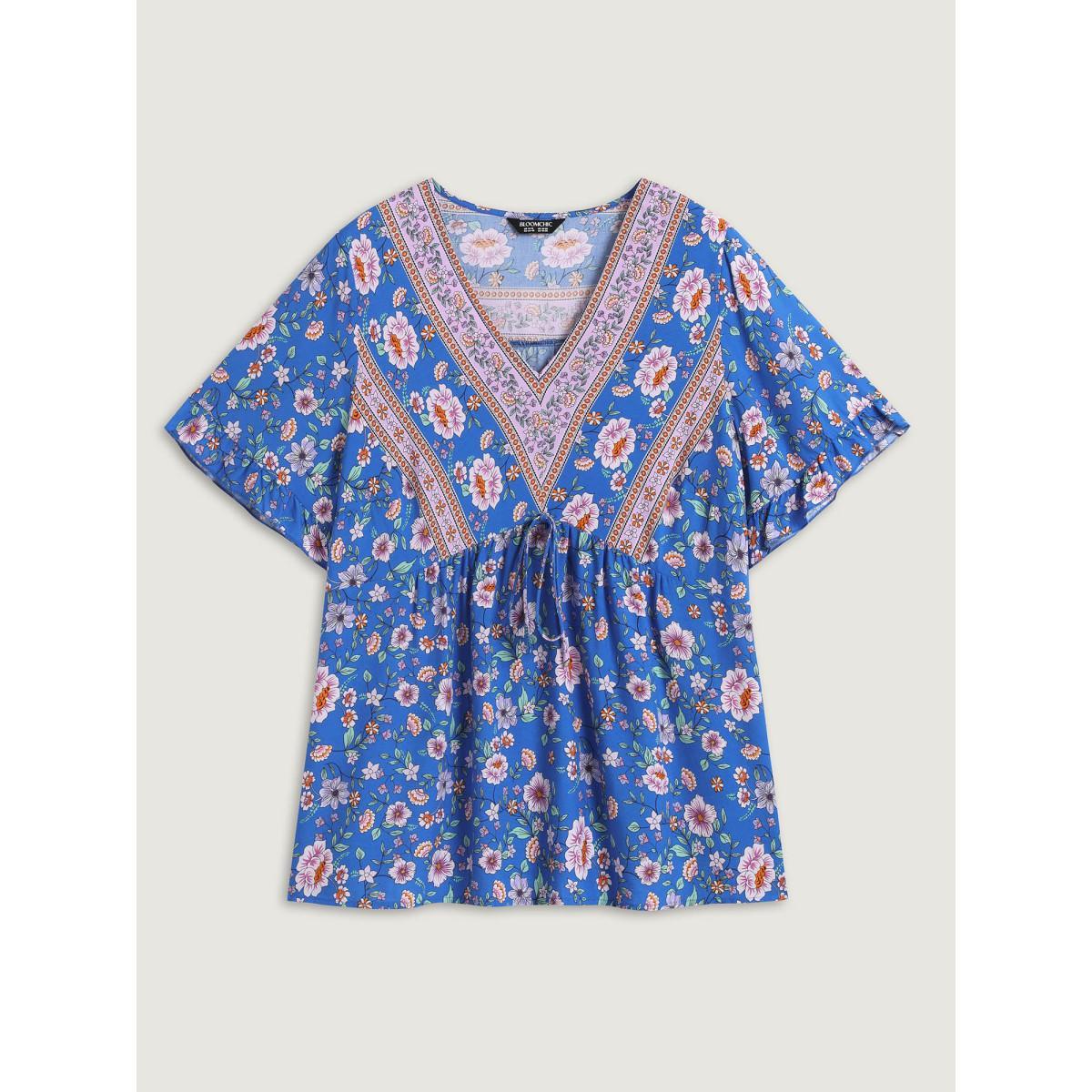 Plus Size Skyblue Asymmetrical Floral Print V-Neck Blouse Women Short sleeve V-neck Vacation Blouses BloomChic 28/5X Product Image