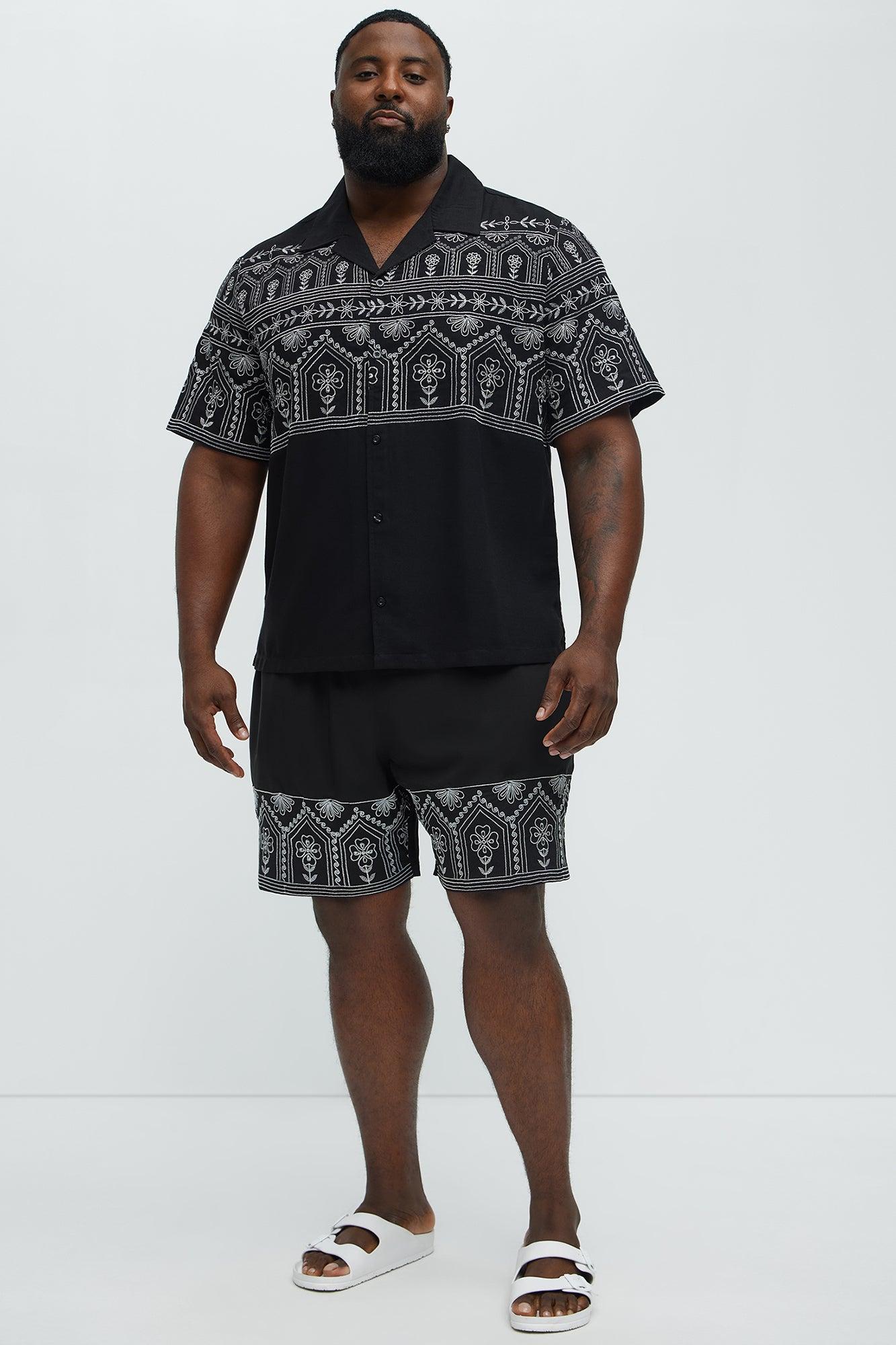 Embroidered Floral Cuban Collar Button Up Shirt - Black/combo Product Image