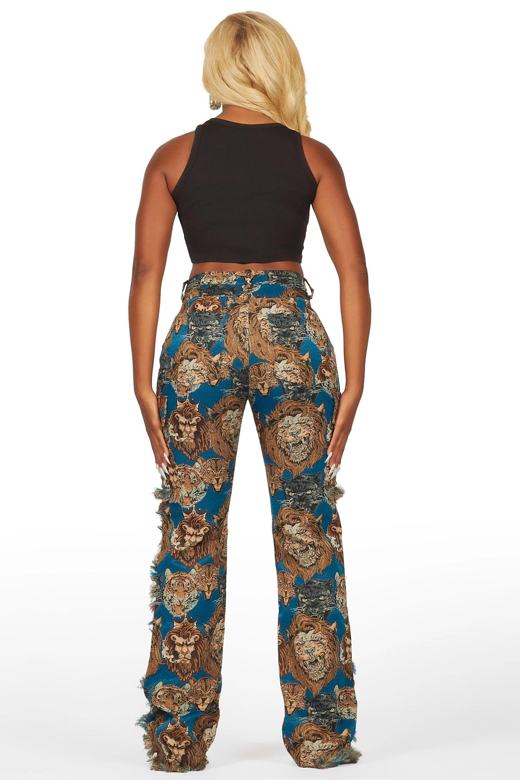 Khadiyah Blue Animal Print Tapestry Stacked Pant Female Product Image