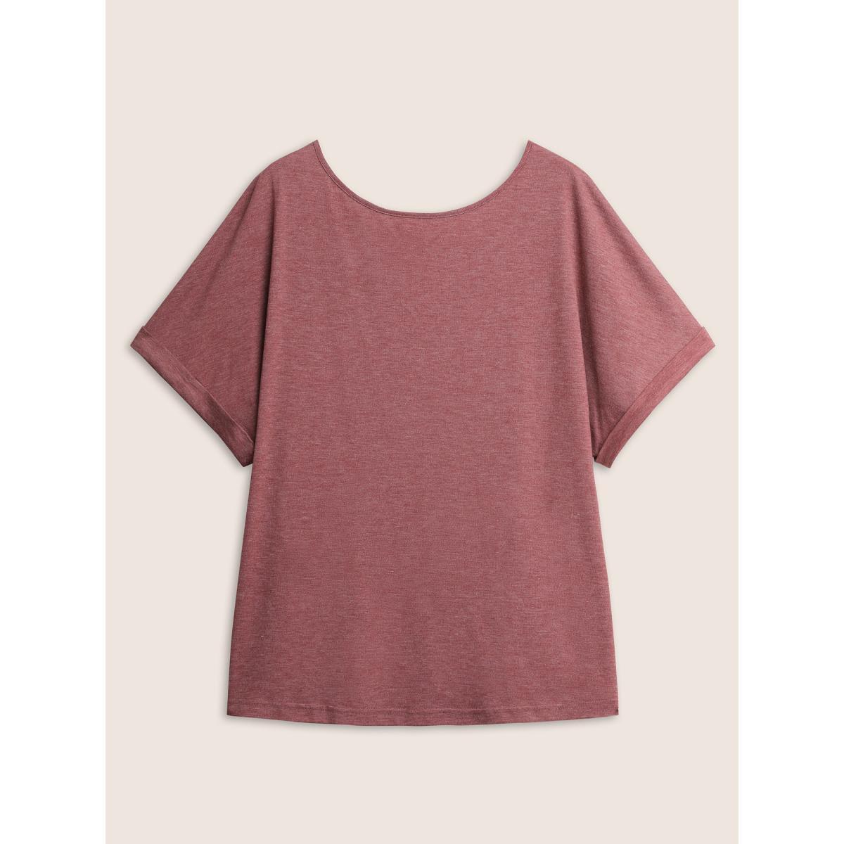 Plus Size Heather Button Detail Dolman Sleeve T-shirt Russet Women Casual Button Plain Round Neck Everyday T-shirts BloomChic 12/L Product Image