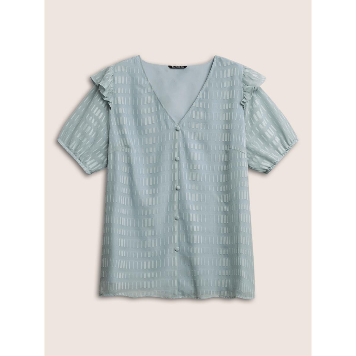 Plus Size LightBlue Solid Textured Gathered Ruffles Button Detail Blouse Women Elegant Short sleeve V-neck Everyday Blouses BloomChic 12/L Product Image