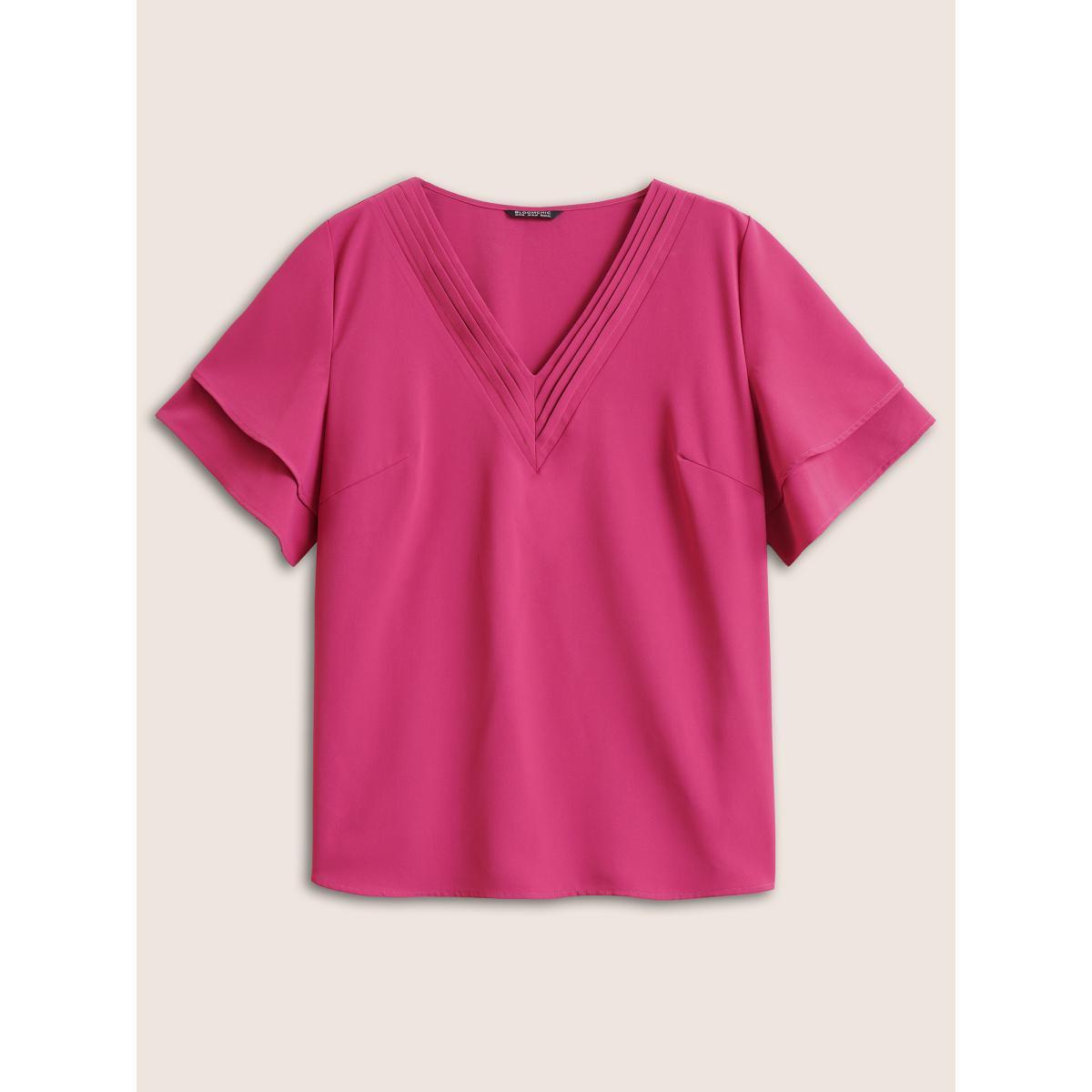 Plus Size RedViolet Anti-Wrinkle Pleated Tiered Flutter Sleeve Blouse Women Office Short sleeve V-neck Work Blouses BloomChic 12/L Product Image