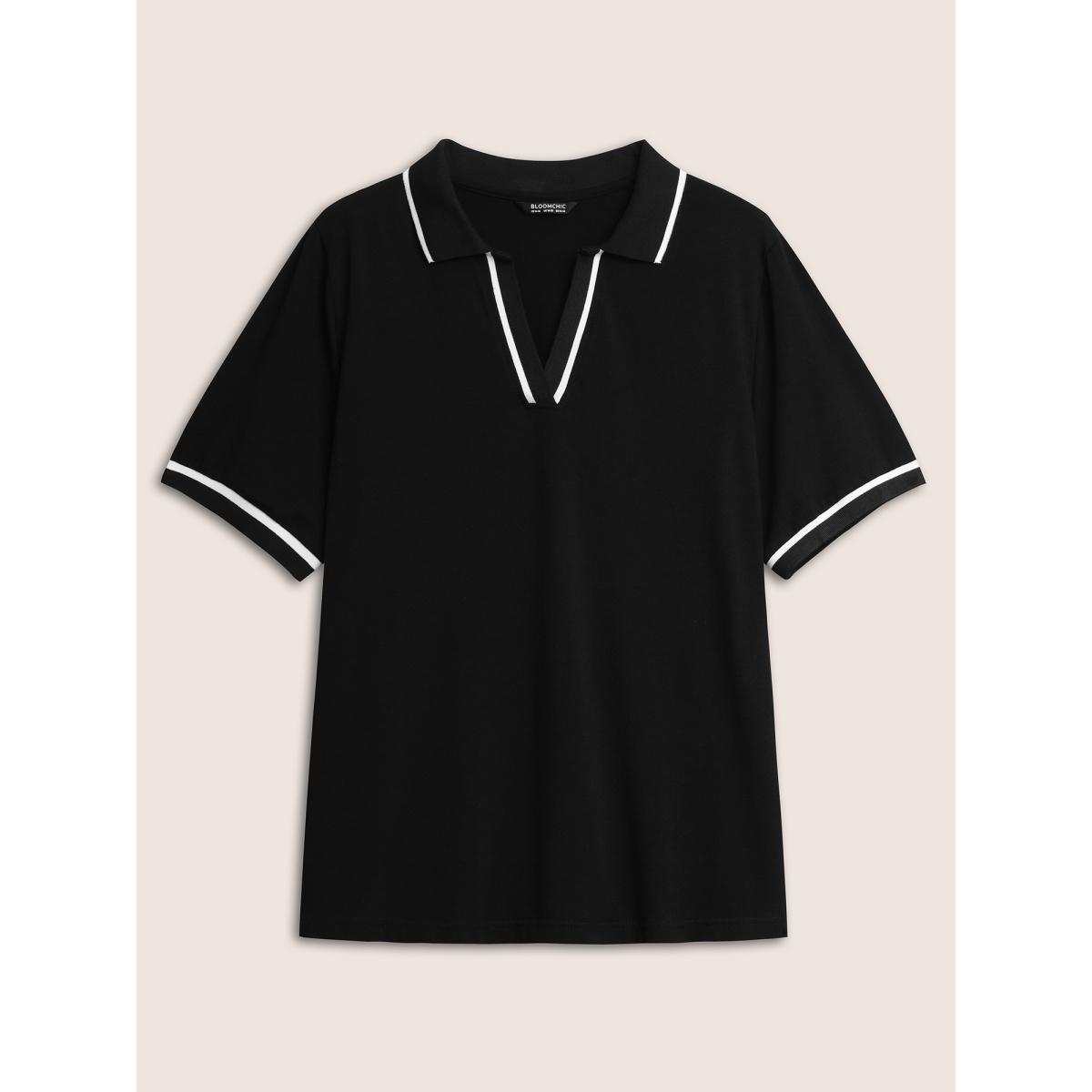 Plus Size Polo Neck Contrast Trim Short Sleeve T-shirt Black Women Casual Contrast Flat collar with V-notch Everyday T-shirts BloomChic 22-24/3X Product Image