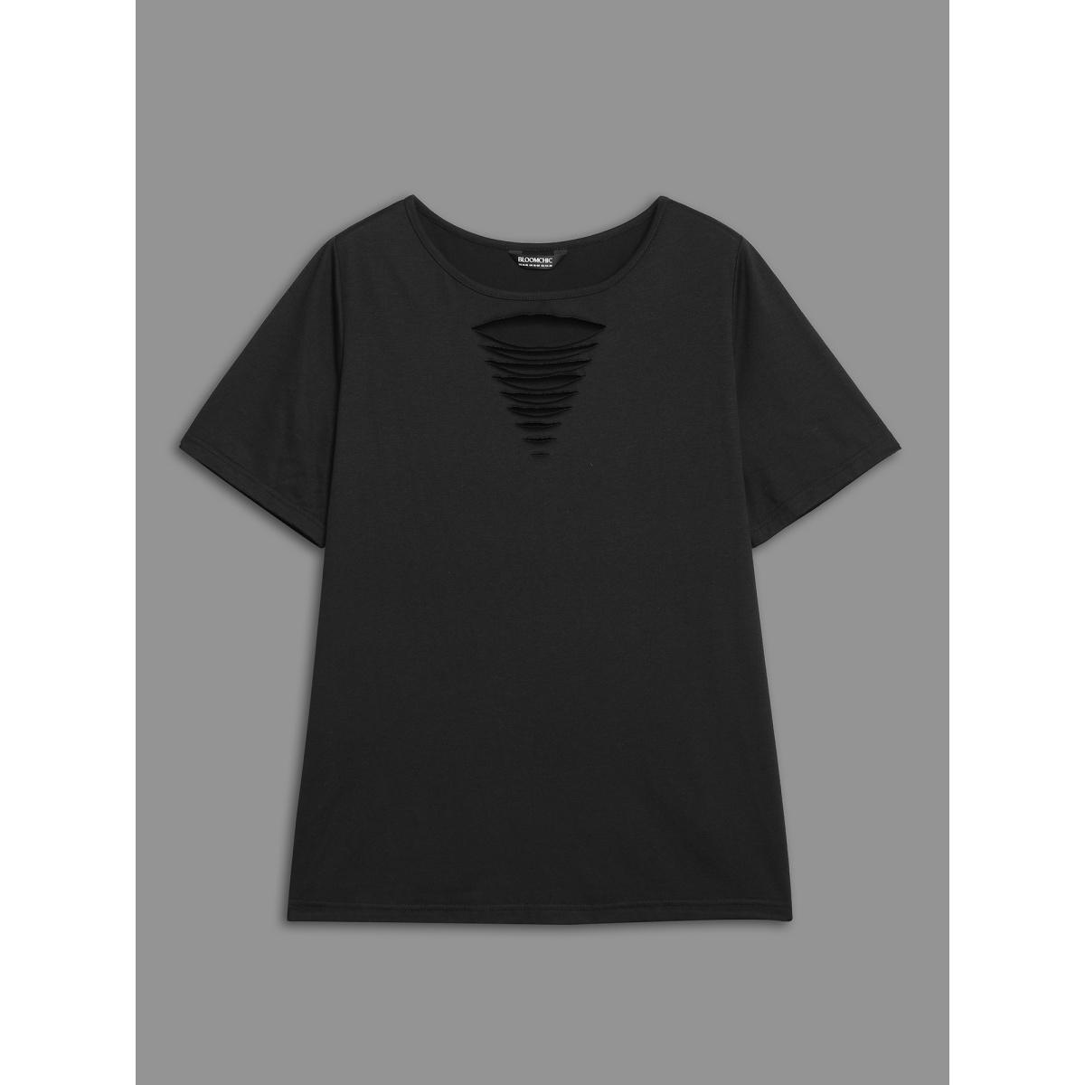 Plus Size Stretchy Ripped Neck Fitted T-Shirt Black Women Casual Cut-Out Round Neck Everyday T-shirts BloomChic 14-16/1X Product Image