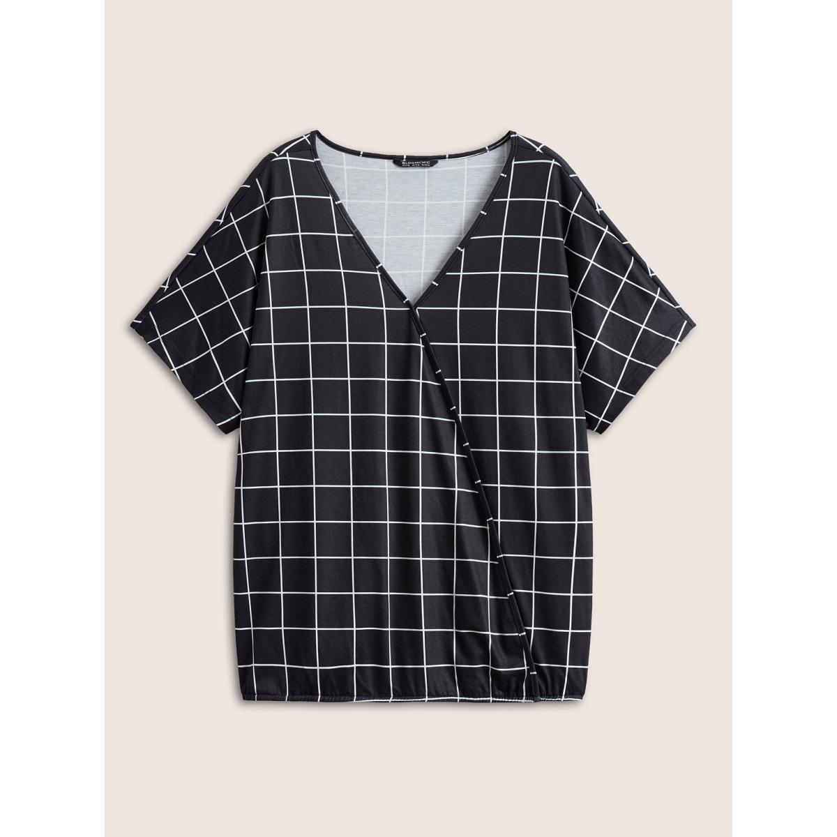 Plus Size Plaid Surplice Neck Batwing Sleeve T-shirt Black Women Work From Home Overlapping Plaid Overlap Collar Work T-shirts BloomChic 12/L Product Image