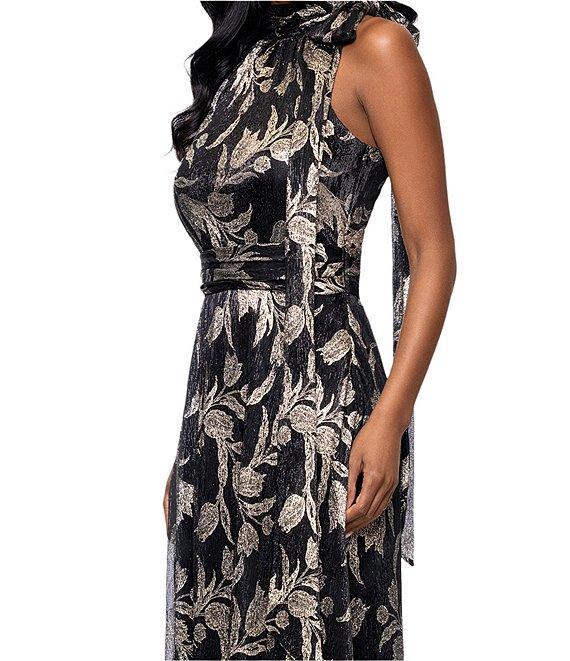Betsy & Adam Petite Size Metallic Print Crinkled Halter Neck Dress Product Image