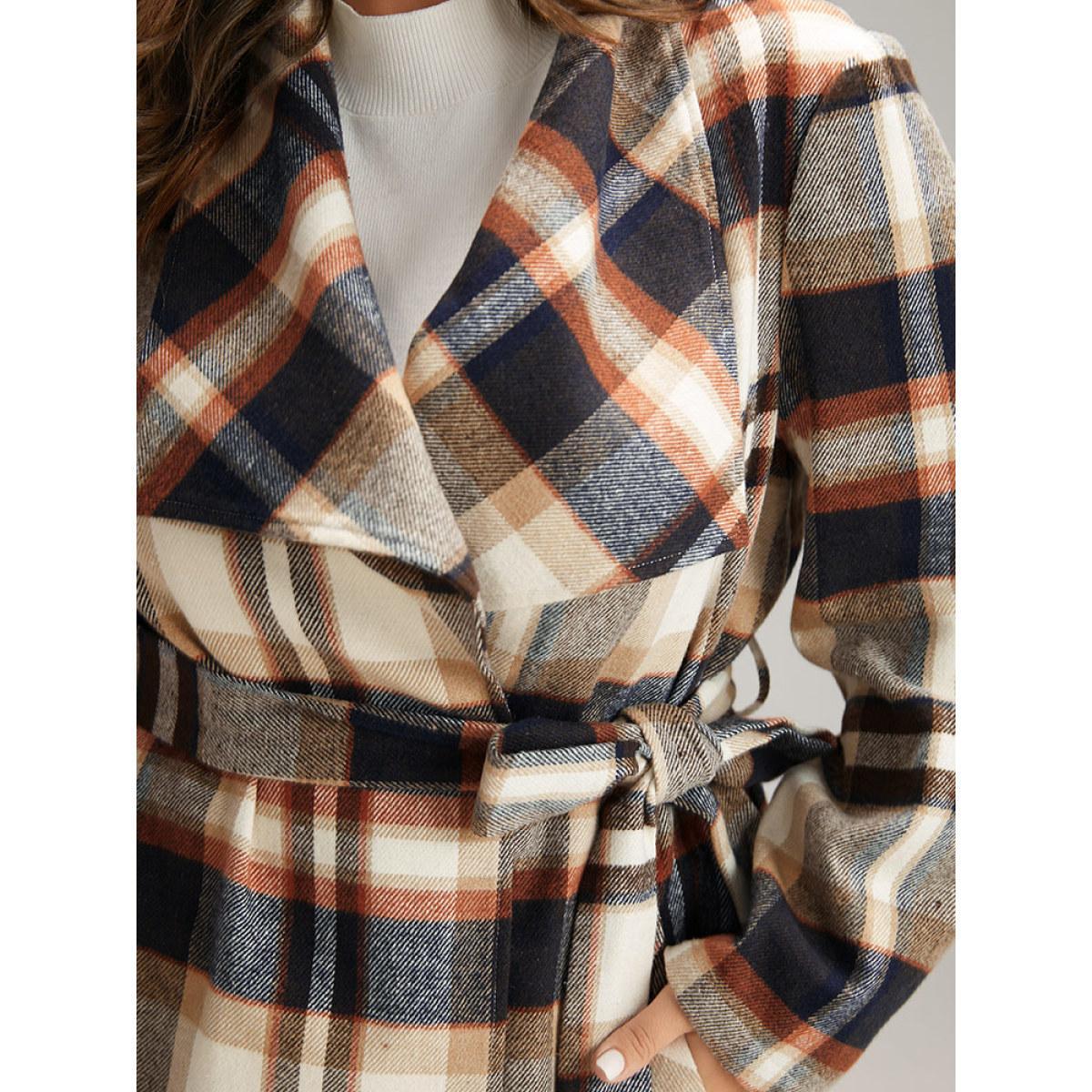 Plus Size Plaid Belted Lapel Collar Pocket Coat Women Tan Casual Belted Ladies Dailywear Winter Coats BloomChic 10/M Product Image