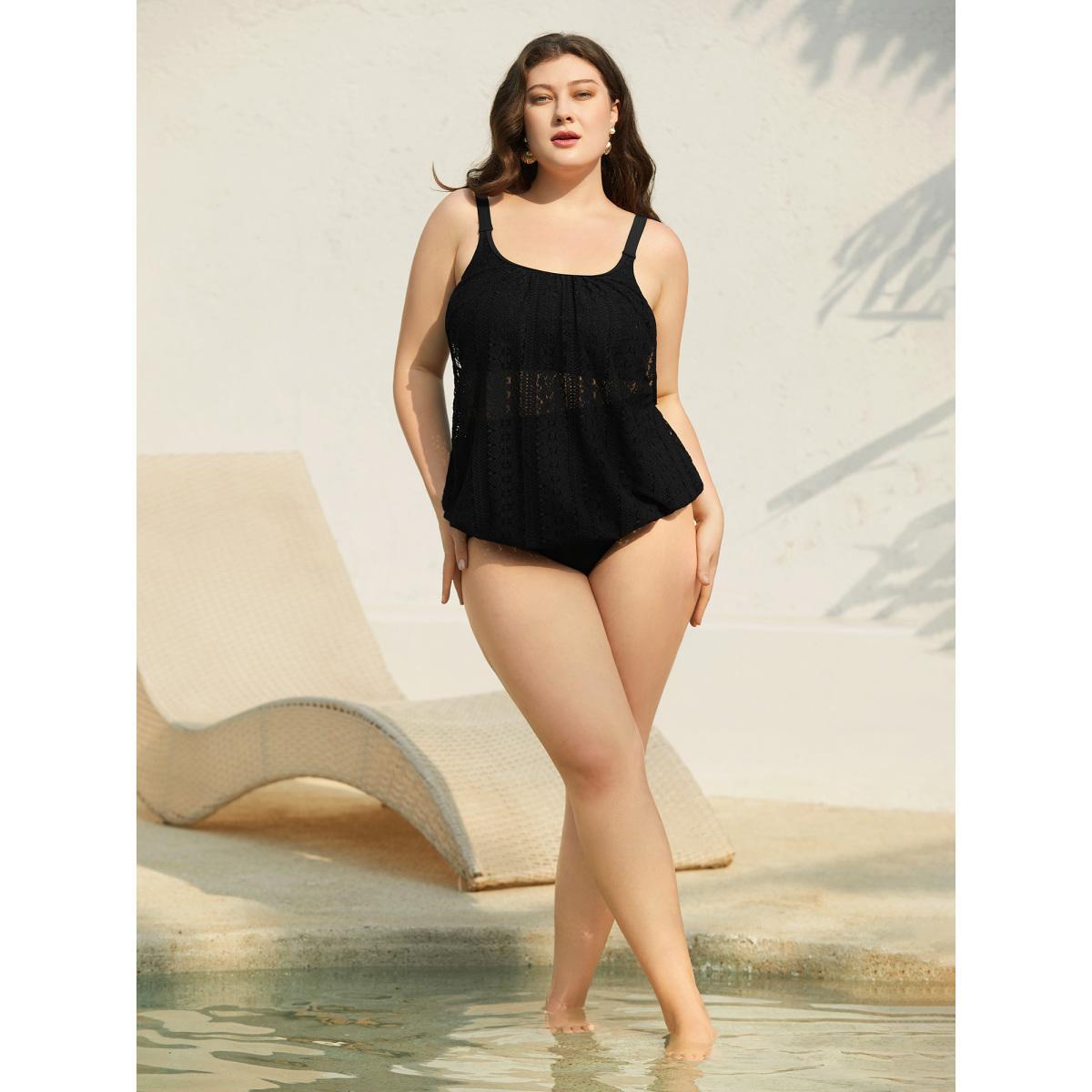 Plus Size Lace Cut-Out Round Neck Tiered Swim Top Women's Swimwear Black Beach Cut-Out High stretch Bodycon U-neck Curve Swim Tops BloomChic 30/6X Product Image